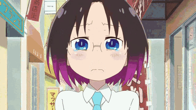 a girl with purple hair and glasses is crying in front of a sign that says massage