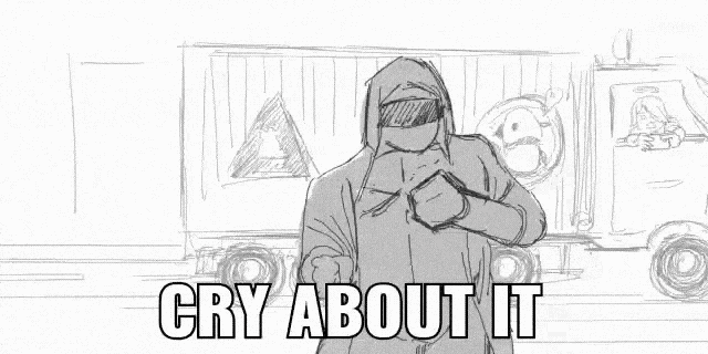 a black and white drawing of a dinosaur with the words `` cry about it '' below it .