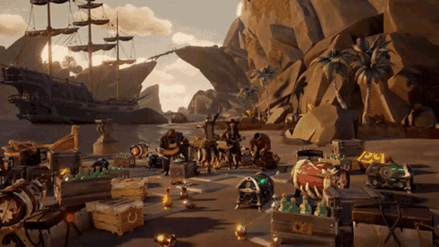 a video game scene with treasure chests and a ship