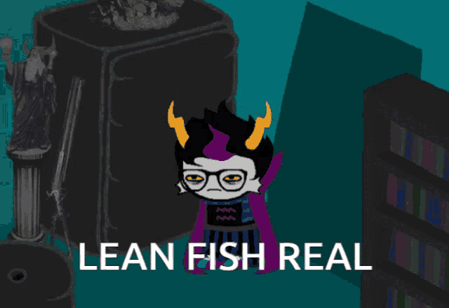 a cartoon character says lean fish real in front of a statue of liberty