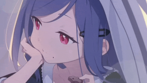 a girl with blue hair and red eyes is holding a brown object in her hand