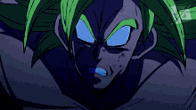 a cartoon character with green hair and a blue eye