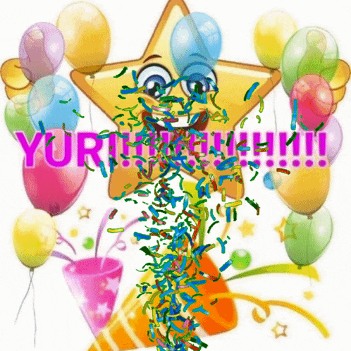 a cartoon star is surrounded by balloons and confetti with the words " yurutt !!! " written in pink