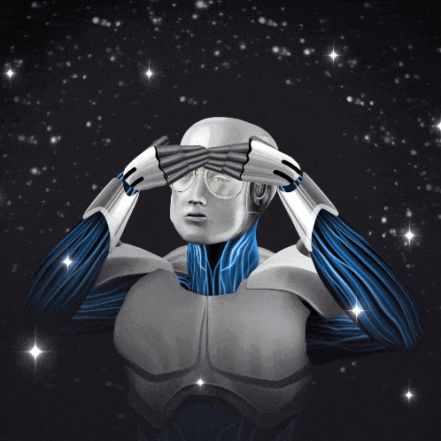 a robot with glasses is holding his head with his hands in front of a starry sky