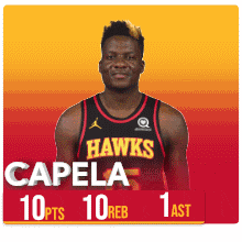 a man wearing a hawks jersey has 10 points and 10 reb