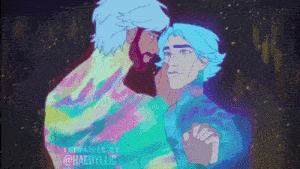 a pixel art of a man and a boy holding hands .