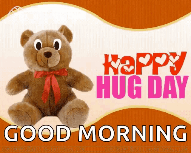 a teddy bear with a red bow and the words happy hug day on it