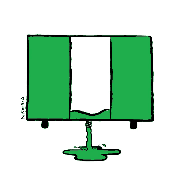 a cartoon of the flag of nigeria with green liquid dripping out of it