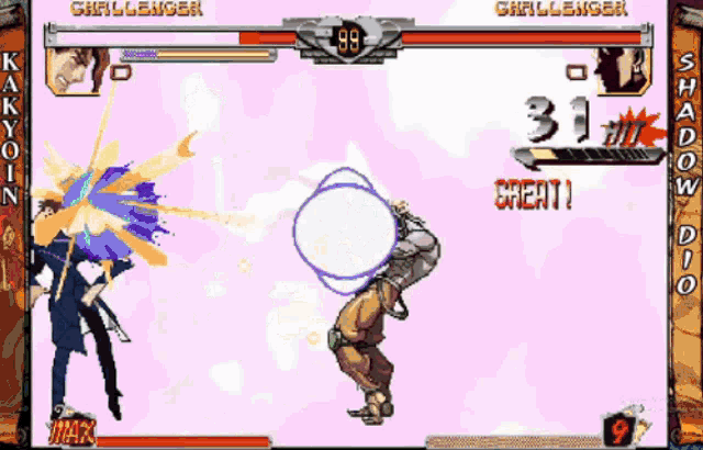 a video game is being played between two characters named challenger and challenger dio