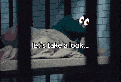 a cartoon character in a jail cell with the words let 's take a look below him