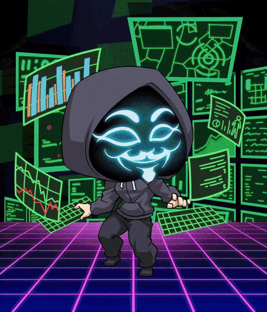 a cartoon drawing of a person in a hoodie with a neon face
