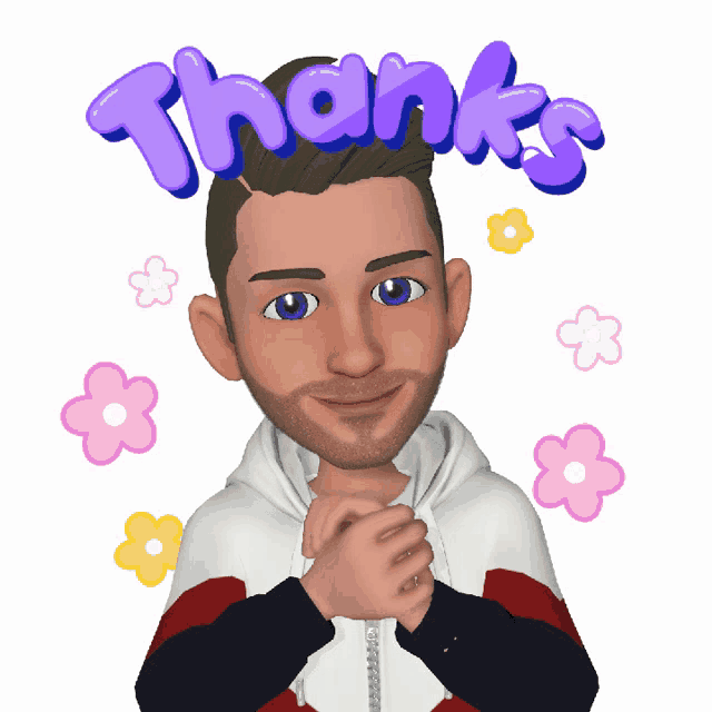 a man with a beard is surrounded by flowers and the word thanks
