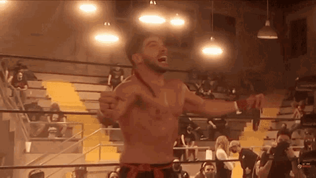 a man without a shirt is standing in a wrestling ring