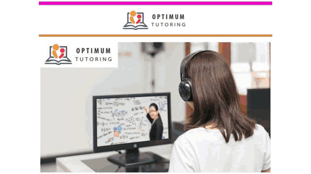 a woman wearing headphones is sitting in front of a computer screen with optimum tutoring written on the bottom