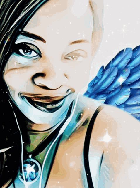 a painting of a woman with blue wings and a pendant with the letter s on it