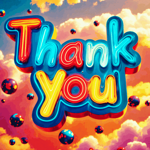 a neon sign that says thank you is surrounded by balls