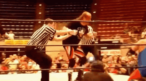 a wrestler in a black shirt with the word fly on it is fighting a referee