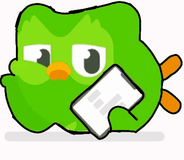 a cartoon drawing of a green bird holding a tablet
