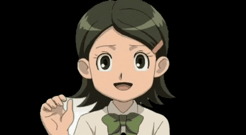 a cartoon girl with brown hair and a bow tie is waving her hand