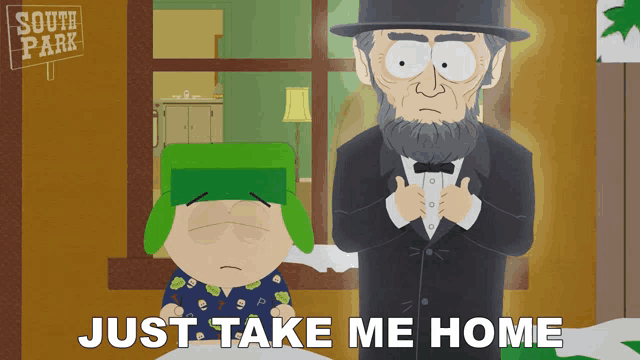 a cartoon of abraham lincoln with the words just take me home below him