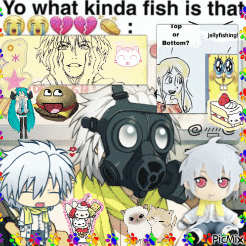 a collage of anime characters with the words yo what kinda fish is that