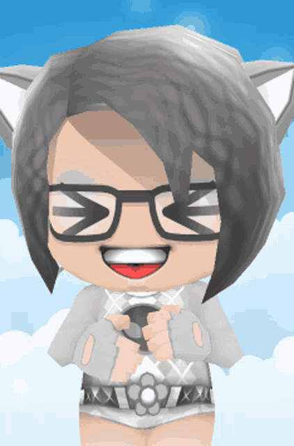 a cartoon character wearing glasses and a flower belt is smiling