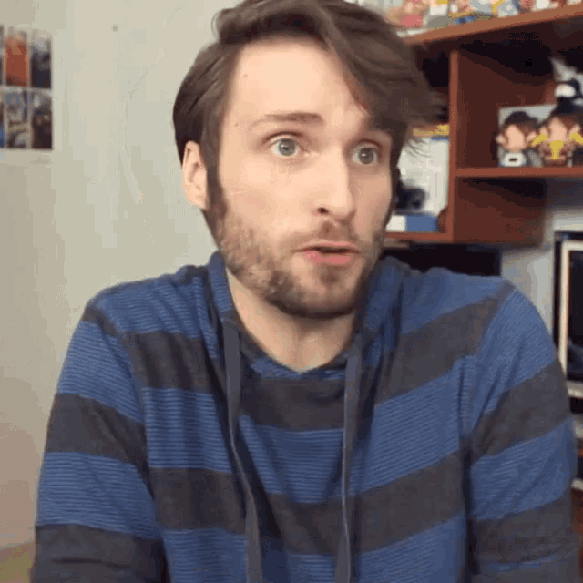 a man with a beard wearing a blue and black striped shirt