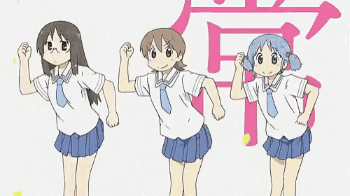 three cartoon girls are standing next to each other in front of a pink background .