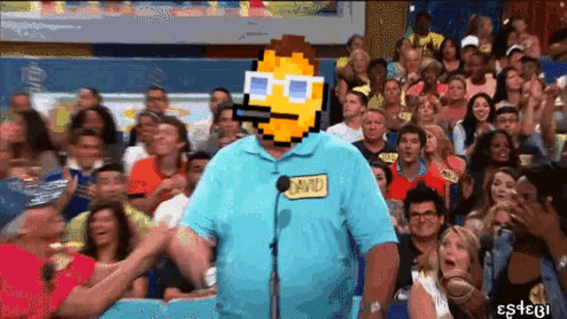 a pixelated man with a name tag that says david stands in front of a crowd