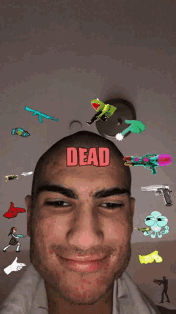 a man with a sticker on his head that says " dead "