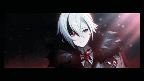 a girl with white hair and red eyes wearing a black cape