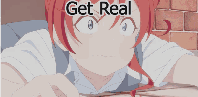 a picture of a girl with red hair and the words get real above her
