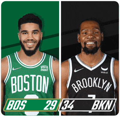 two basketball players from boston and brooklyn are shown