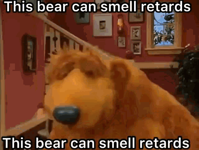 a bear with a blue nose is standing in a living room with a caption that says this bear can smell retards .