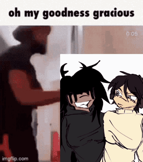 a gif of a man standing next to a drawing of two people with the words oh my goodness gracious at the bottom