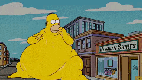 a cartoon of homer simpson standing in front of a hawaiian shirts store