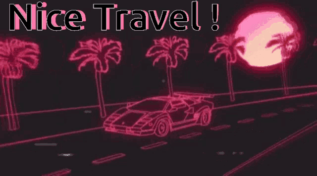a car is driving down a road with palm trees in the background and the words nice travel below it