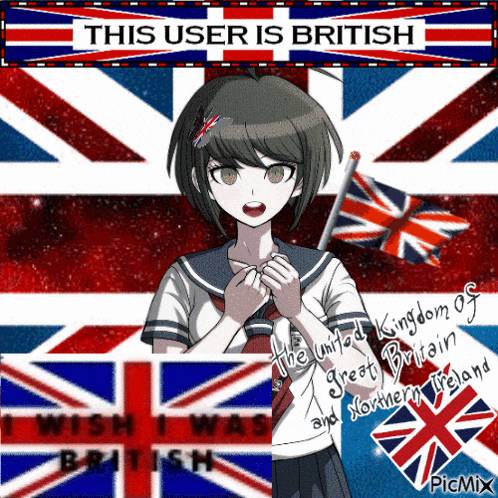 a girl is standing in front of a british flag and says this user is british