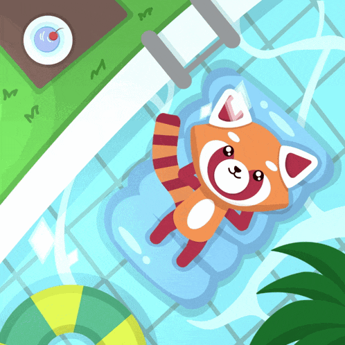a red panda is floating on a raft in a swimming pool