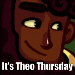 a close up of a cartoon character 's face with the words `` it 's theo thursday '' written below it .