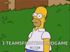homer simpson from the simpsons is standing in front of a house and says `` 3 teams fighting midgame '' .