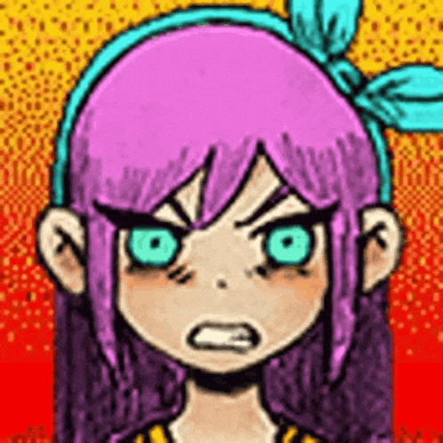 a girl with purple hair and blue eyes is making a funny face .