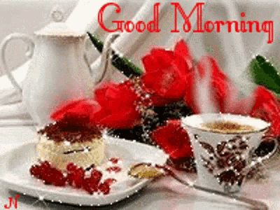 a good morning greeting card with a cup of coffee and a plate of food