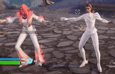 a screenshot of a video game shows two characters dancing