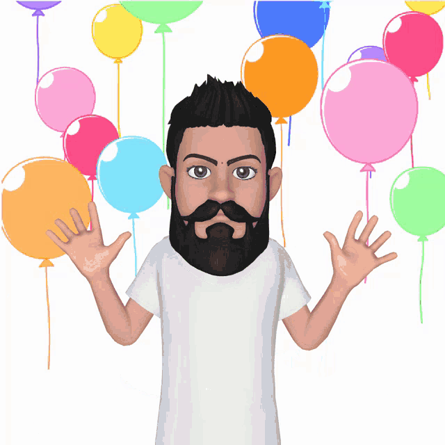 a cartoon man with a beard and mustache stands in front of balloons