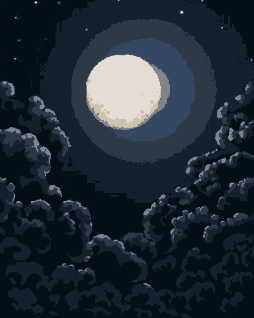 a pixel art drawing of a full moon in a dark blue sky