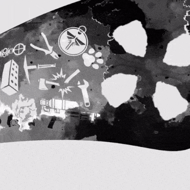a black and white drawing of various objects including a compass and a hammer