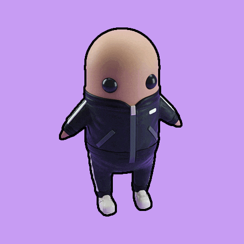 a cartoon character with a purple background is wearing a black jacket and white shoes