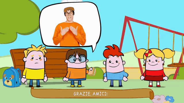 a group of children are standing in front of a speech bubble that says grazie