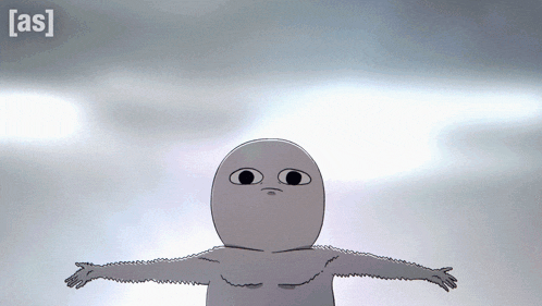 a cartoon character is standing in front of a cloudy sky with the letters a and s visible
